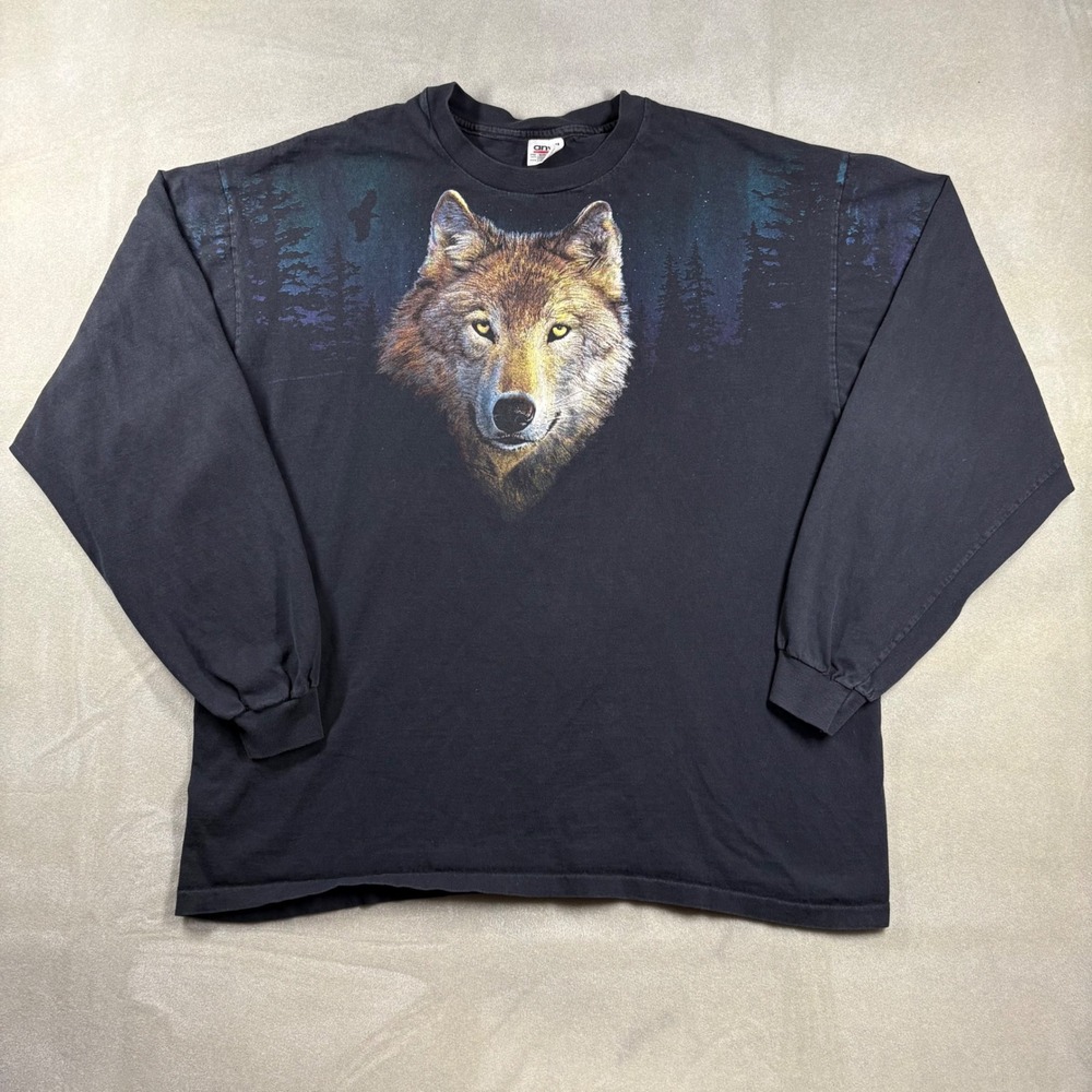 Vintage 90s Anvil Wolf Graphic Long Sleeve T-Shirt Black Single Stitch XXL USA
